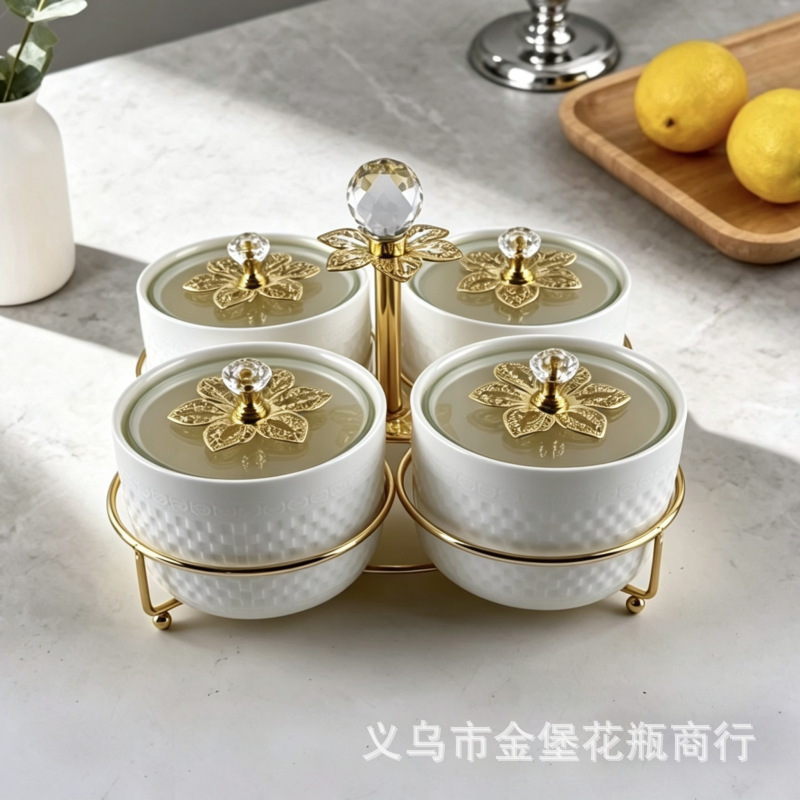High-quality appearance level four-compartment ceramic snack can, crystal handle nut storage box, wedding souvenir fruit box supply Application Scenario