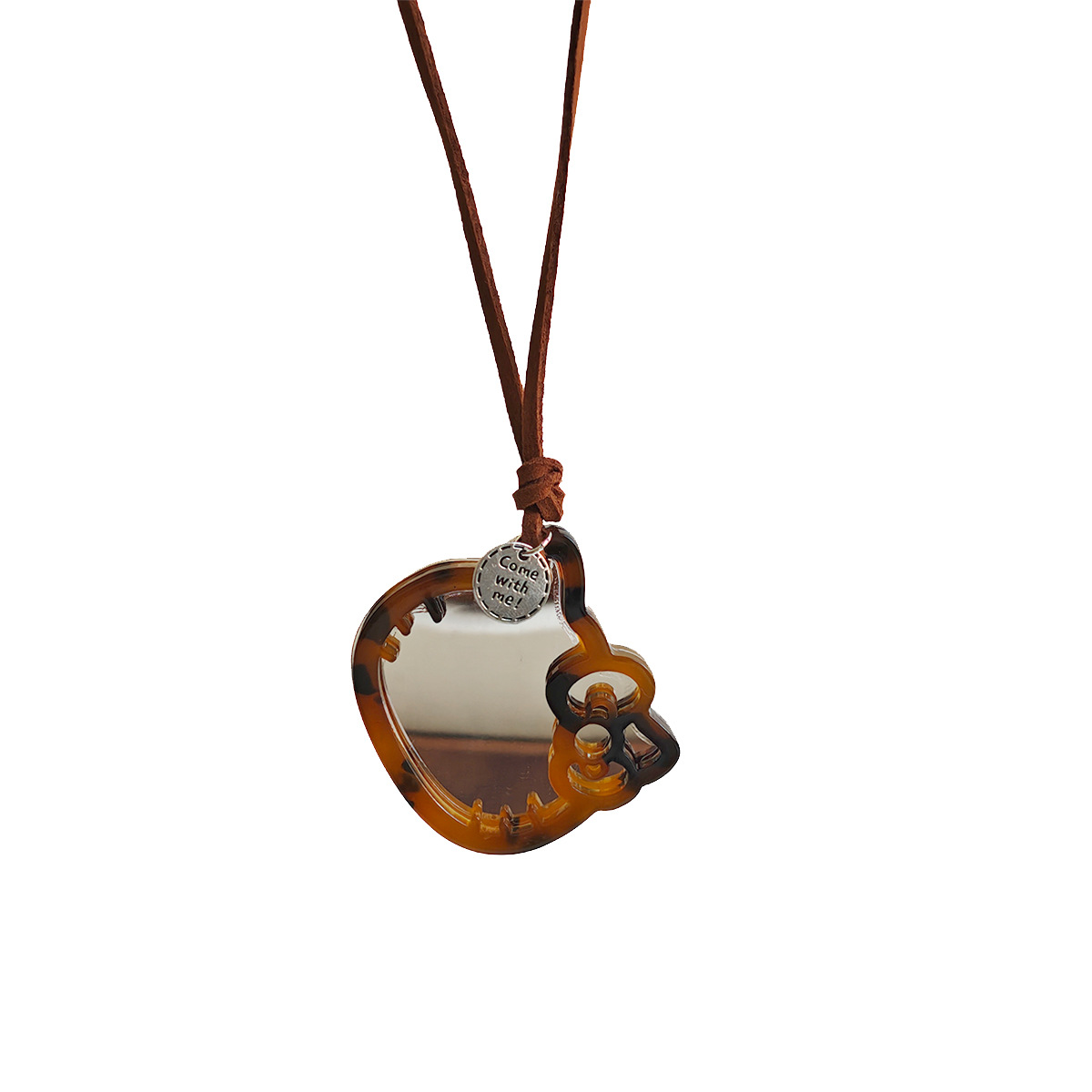 韩版复古豹纹KT猫镜子吊坠挂脖项链百搭小众便携补妆镜毛衣链配饰白底实物图