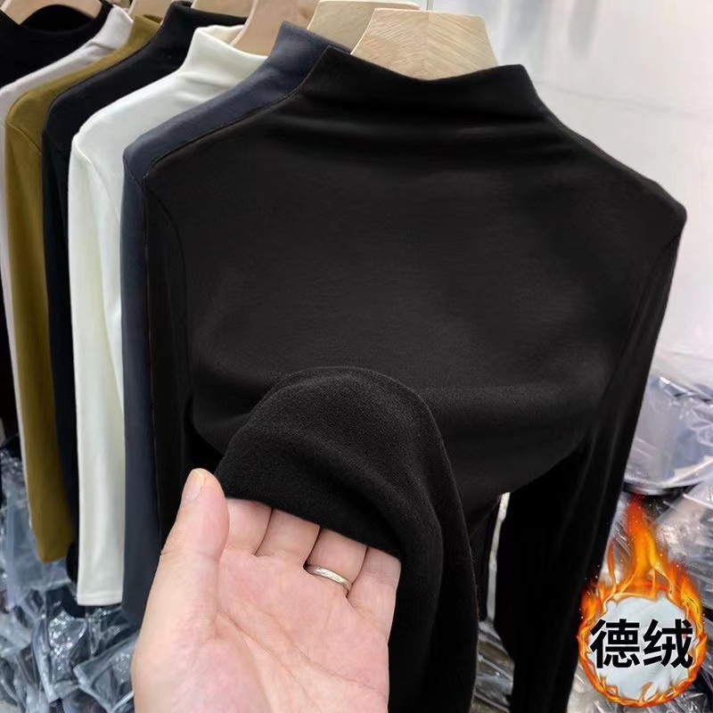 加厚双面德绒磨毛半高领修身保暖打底衫女秋冬纯色上衣长袖t恤女细节图