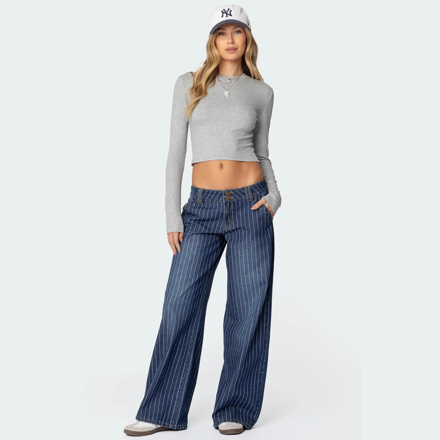 European and American cross-border low-waisted striped jeans, autumn new style of hot girl retro street casual loose denim wide-leg pants Specification image