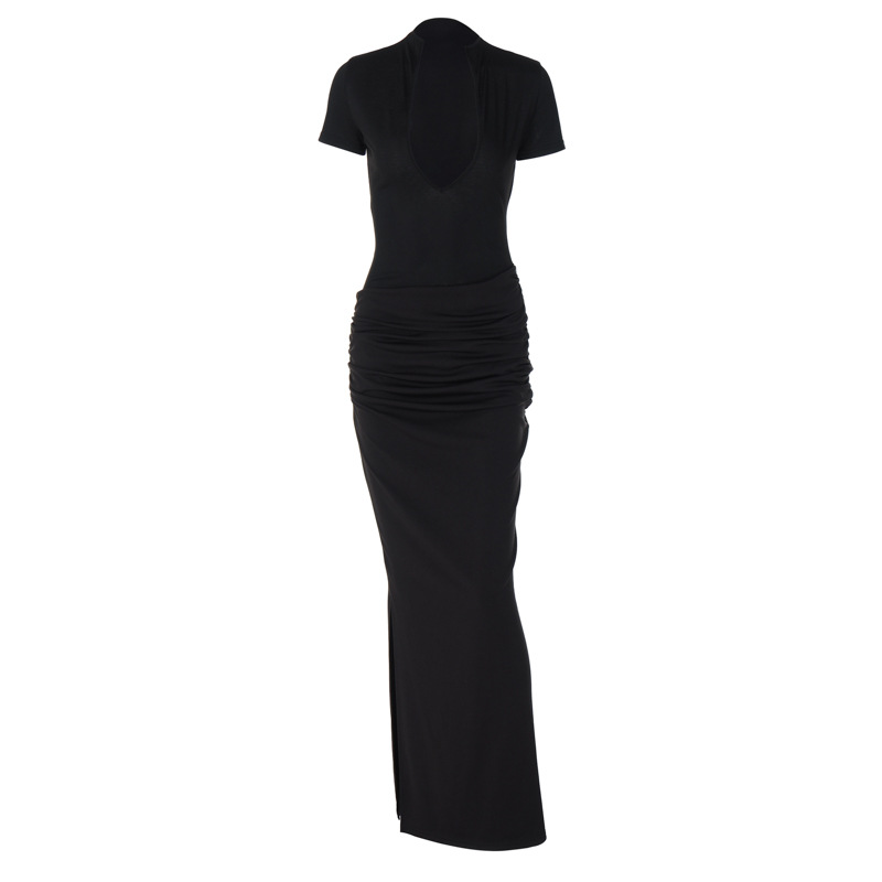 2026 Summer new women's clothing sexy deep V short-sleeved solid color spicy girl style pleated long dress, one-piece consignment Item Picture