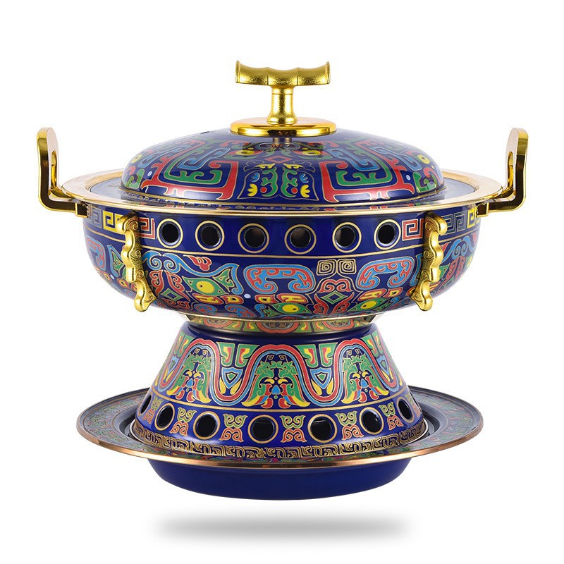 景泰蓝火锅家用插电火锅老北京铜火锅涮羊肉锅珐琅酒精铜火锅白底实物图