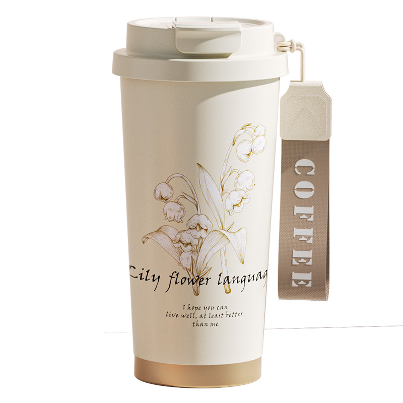 铃兰花316不锈钢保温咖啡杯 双饮水杯时尚吸管杯保温杯礼品广告杯白底实物图
