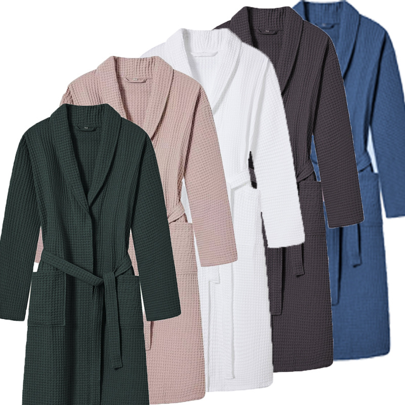 New cross-border pure cotton bathrobes for spring and autumn, Waffle long bathrobes, wholesale of all-cotton bathrobes for couples in homestays and hotels
