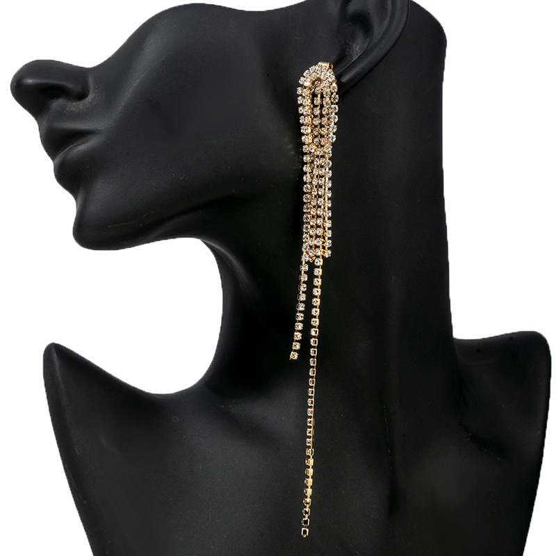 Manufacturer's supply of full-diamond tassel clip-on earrings, two-piece creative design, double-layer stacked earrings, feminine earrings, versatile accessories for banquets, wholesale full figure