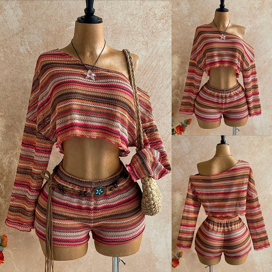 2026 Amazon Summer Two-piece Women's asymmetrical top and Shorts Set with a swing neck full figure