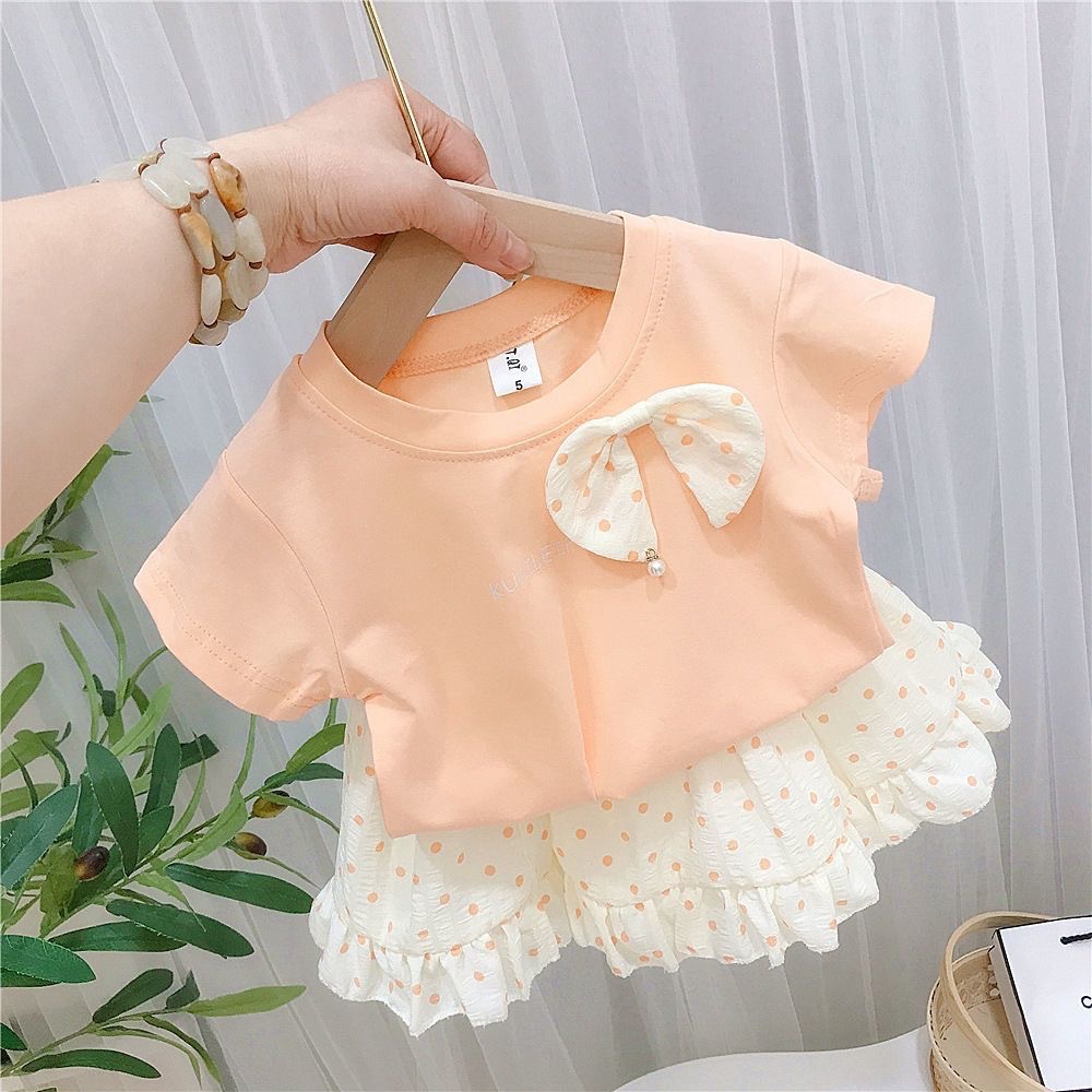 Summer girls' and children's short-sleeved T-shirt top + polka dot mini skirt two-piece children's stylish T-shirt set details Picture