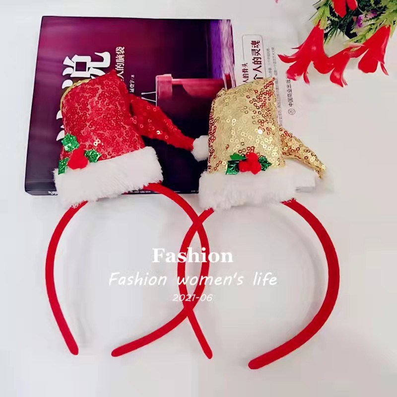 跨境专供欧美圣诞亮片发饰帽节日礼物聚会亮片发箍圣诞帽批发