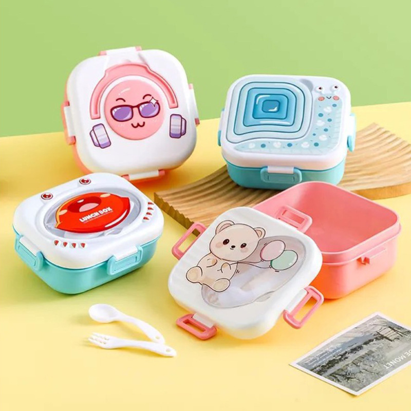 塑料饭盒食品级保鲜盒可进微波炉加热学生党可爱卡通午餐盒带餐具