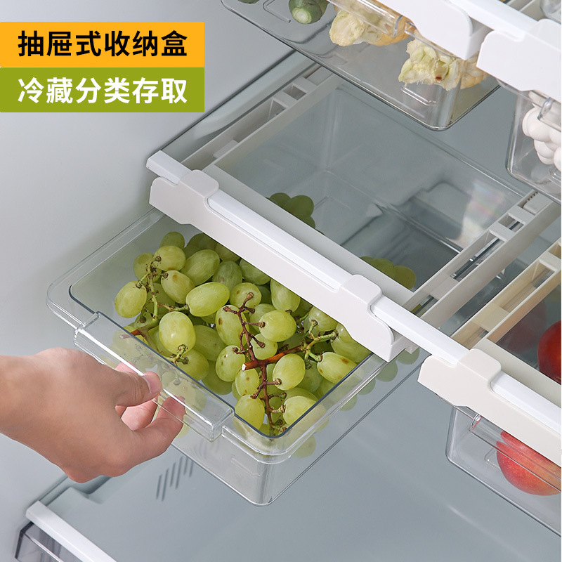 Food-grade transparent telescopic refrigerator storage box, anti-odor cross-contamination separated storage basket, pull-out snap-on hanging refrigerator box
