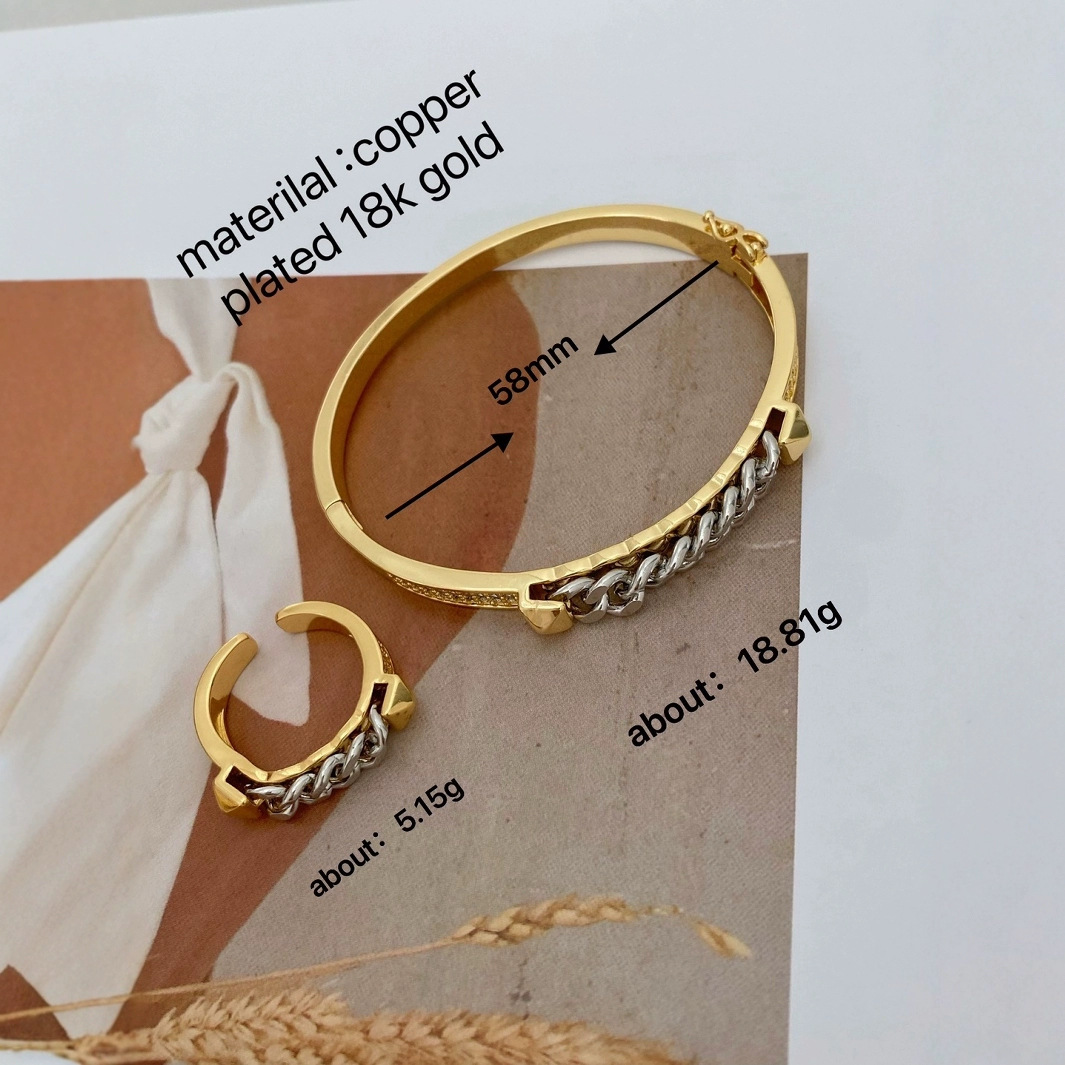 Neutral, simple and light luxury style copper gold-plated chain ring, trendy fashion accessory wholesale Specification drawing