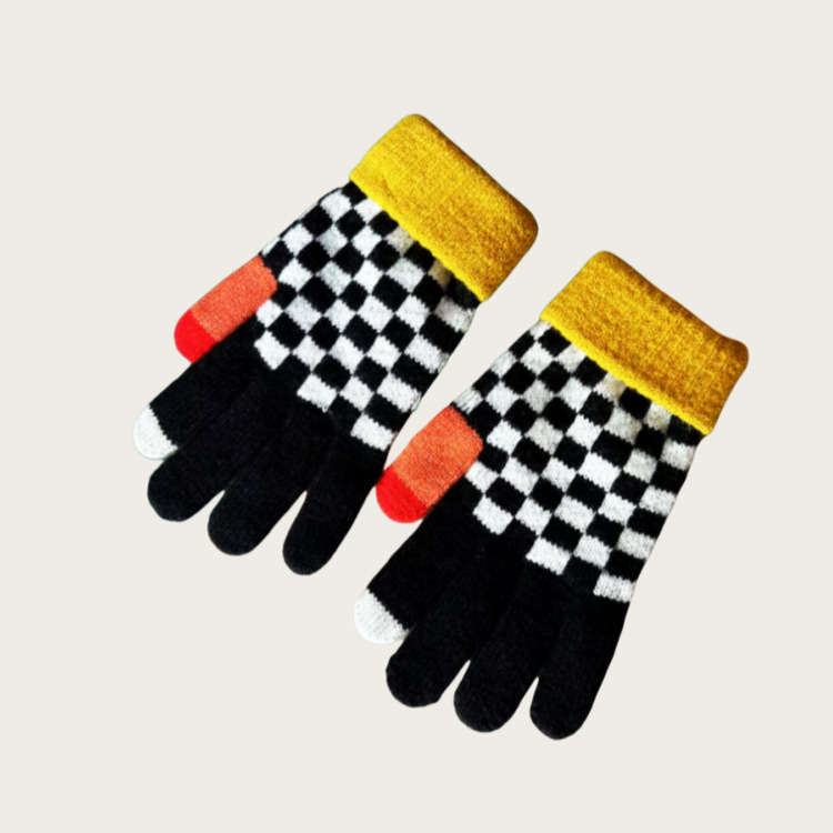 Warm gloves, fleece and thickened wool gloves, double-layer cuffs, striped checkered jacquard winter knitted couple gloves details Picture