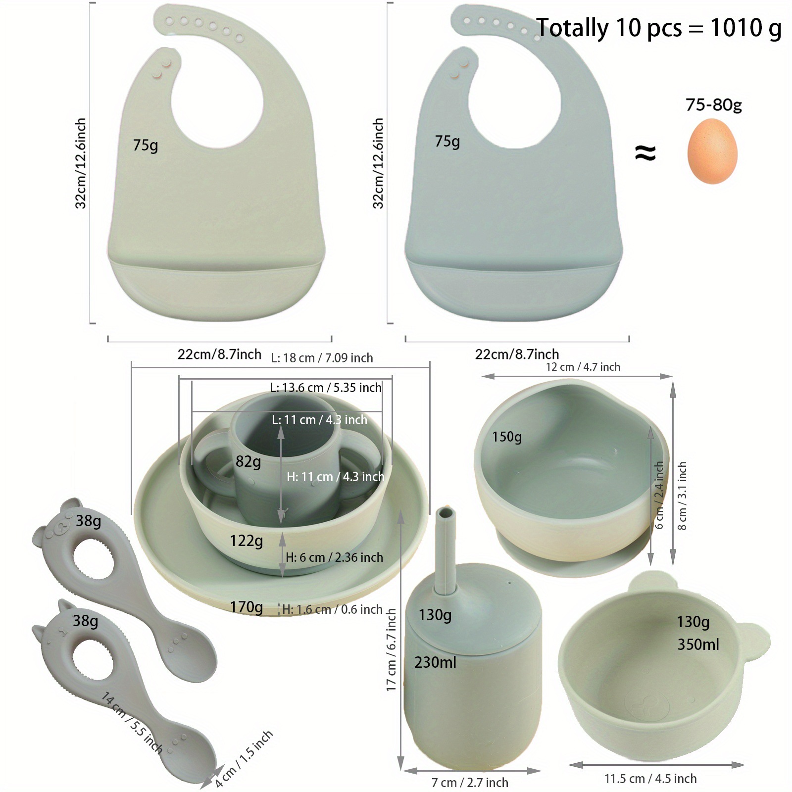 "Mother and Baby Feeding" Baby feeding Tableware set of 10 pieces: Silicone bibs, spoons, bowls, plates, spoons and cups full figure