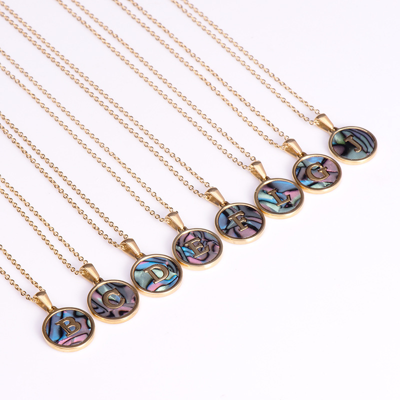 18K titanium steel shell letter necklace for women, European and American fashion round stainless steel first letter pendant for women details Picture
