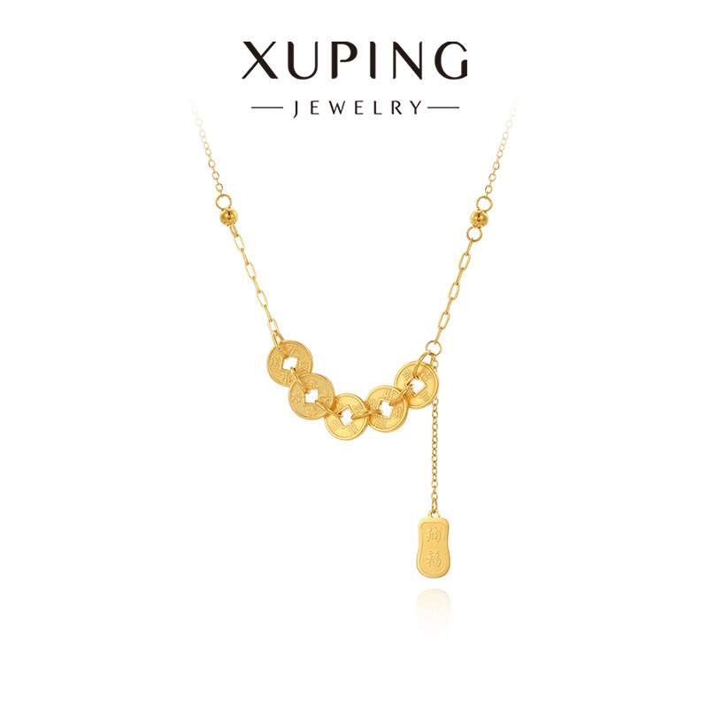 Xuping stainless steel imitation gold copper coin tassel Fu character pendant necklace for women, retro new Chinese style collarbone chain for women Application Scenario