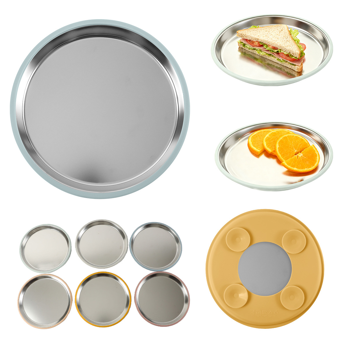 跨境热销不锈钢餐盘硅胶防滑吸盘套无分格隔热儿童喂养餐具餐盘详情图1