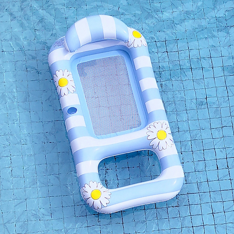 A water lounge chair with a retro striped floral print backrest that has become a popular adult, a floating bed with a cup of water and a drink Specification image