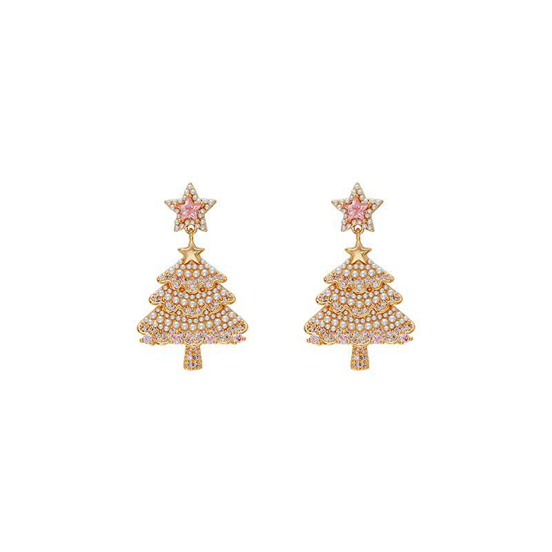 Hyacinth Douyin's best-selling Christmas tree earrings for women, a light and luxurious pink zircon high-end look, 2025 new style Item Picture