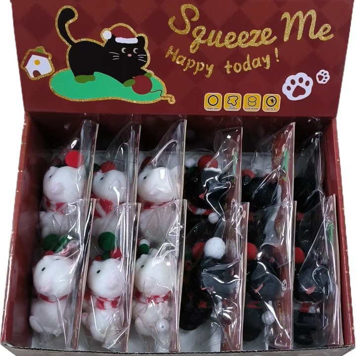 直销TPR软胶毛绒实心小猫捏捏乐黑猫白猫萌宠大团子卡通减压玩具白底实物图