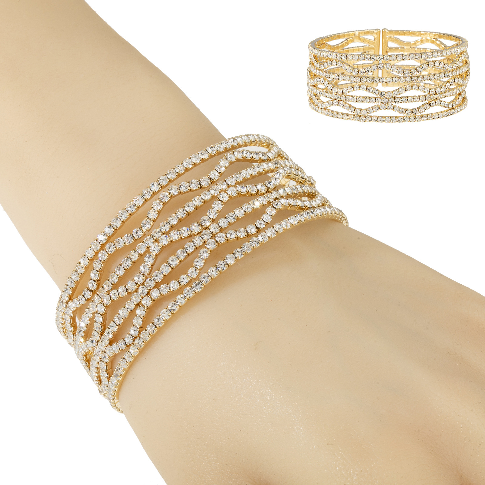 The manufacturer's new cross-border personalized and fashionable seven-row wavy rhinestone open bracelet with steel wire elastic design and diamond-encrusted shiny jewelry details Picture