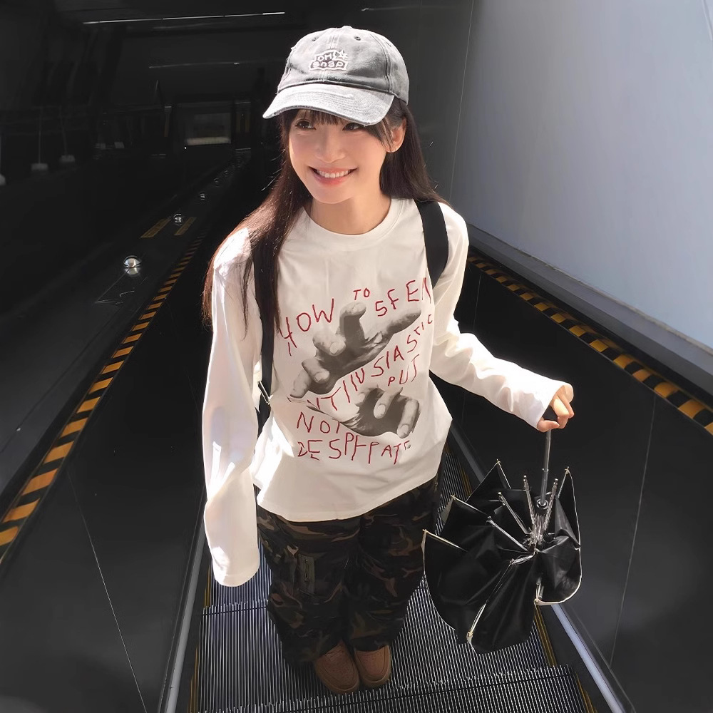 美式复古内搭女小众撞色t恤秋季薄款宽松打底上衣oversize长袖女