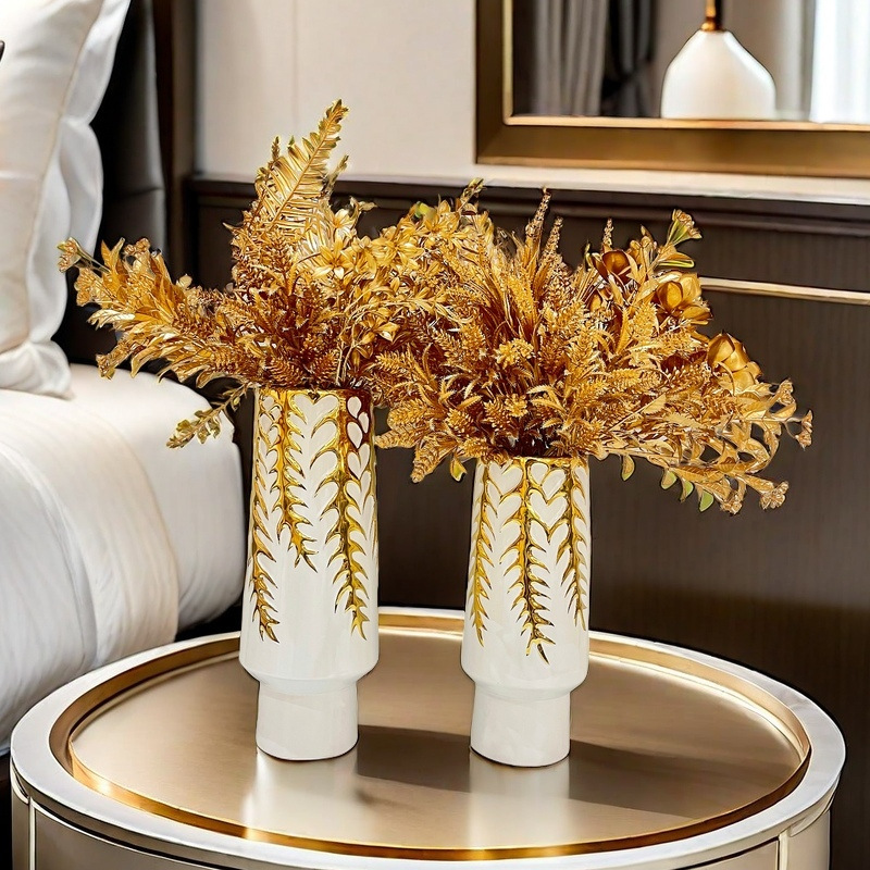 Light luxury electroplated ceramic vase decoration, simple model room soft decoration, living room creative outlet vase arrangement, golden floral art embellishment, bedroom
