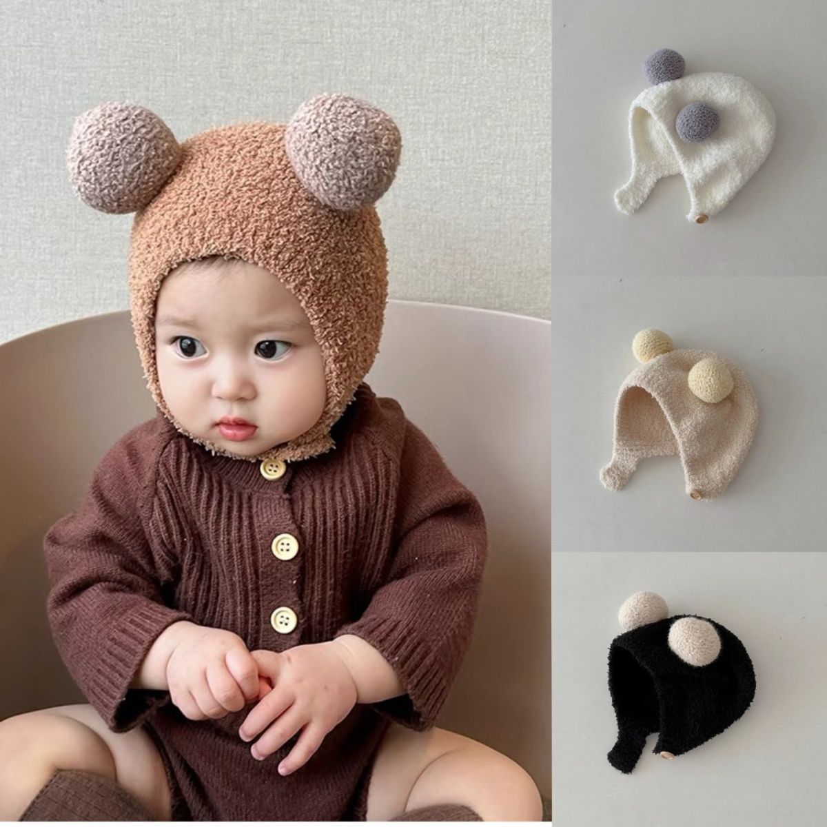 One-piece consignment delivery of Korean style ins autumn and winter new baby ear protection caps, warm and cold-proof caps, comfortable baby double-ball soft and glutinous headwear caps, trendy street stall wholesale