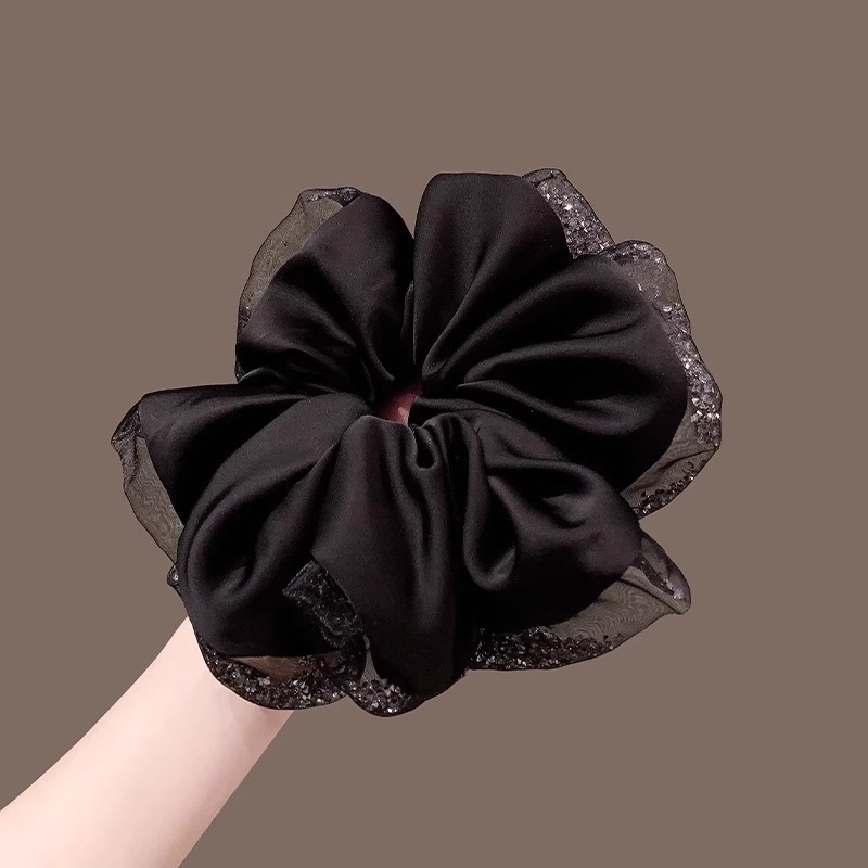 ins High-end French retro laid-back simulation silk satin, large European and American sausage rings, black hair bands, hair accessories and hair ties