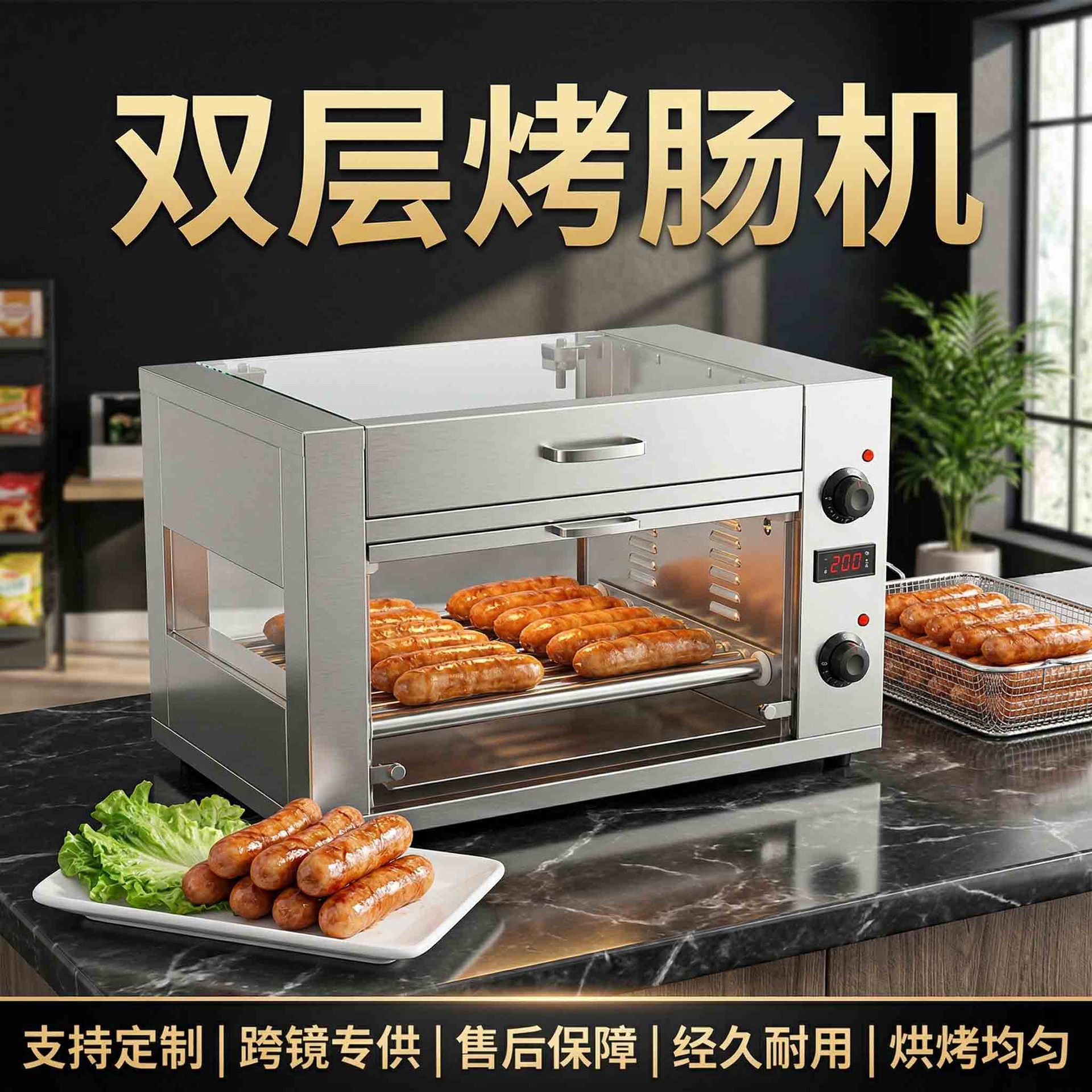双层烤肠机商用全自动滚动式热狗机双温双控便利店摆摊用烤肠设备