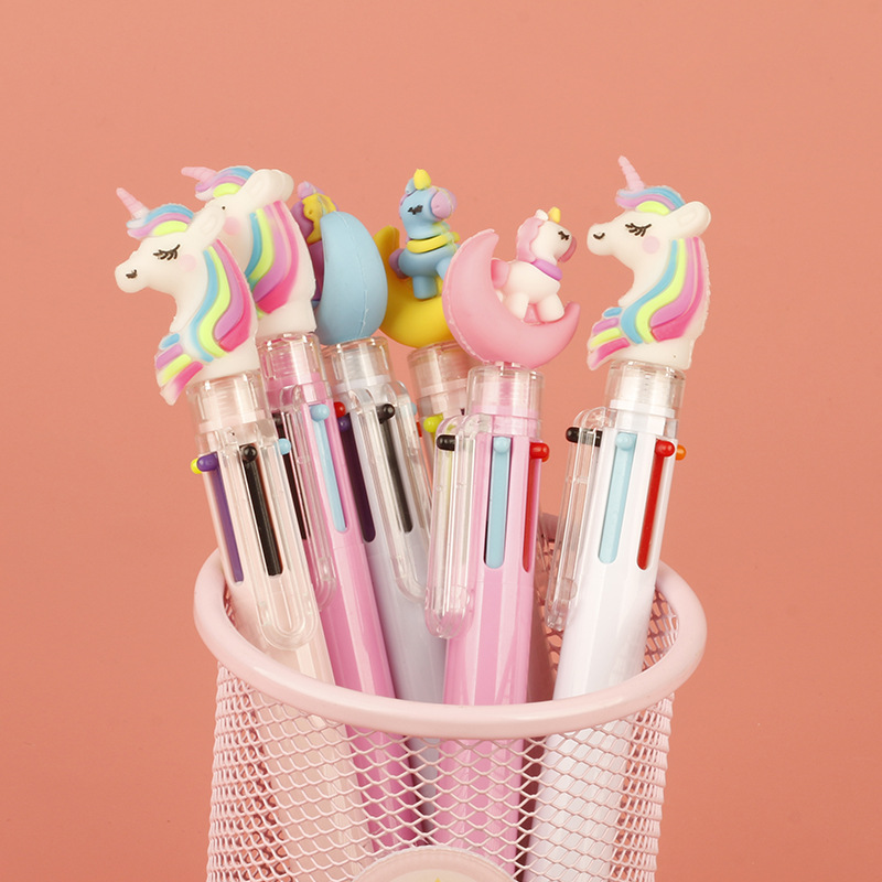 Creative 6-color pens, colored ballpoint pens, cute and girlish, cartoon pink pigs, unicorns, swans, magic wand stationery full figure