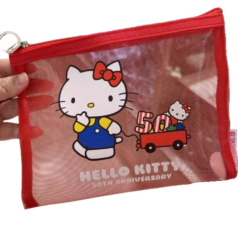 Japanese Hellokitty limited edition mesh bag, cute cartoon makeup bag, transparent stationery storage bag Item Picture