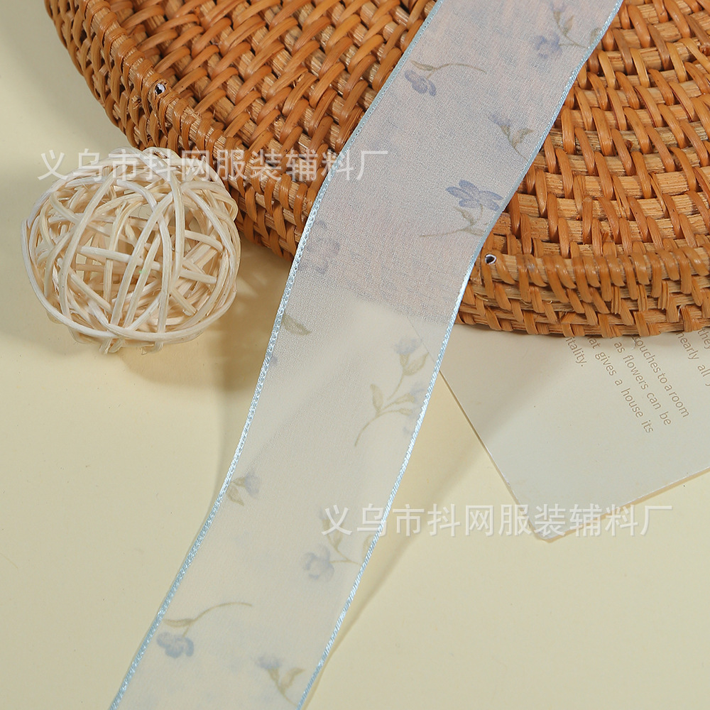 4cm transparent snow gauze ribbon hair accessory DIY bow flower material gift box packaging small floral printed ribbon wholesale details Picture