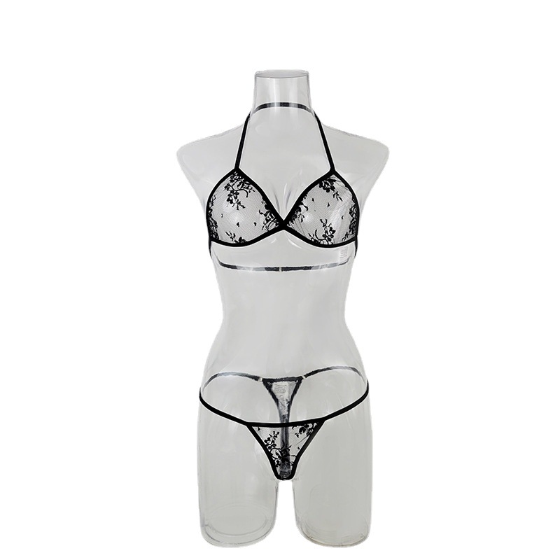 Amazon wish Cross-border Sex Lingerie Sexy see-through Lace patchwork three-point bra Pajamas 084 Item Picture
