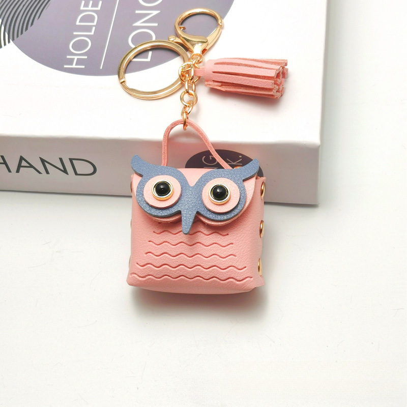 Cross-border Korean version creative leather owl coin purse keychain, cute cartoon bag pendant, car tassel chain details Picture