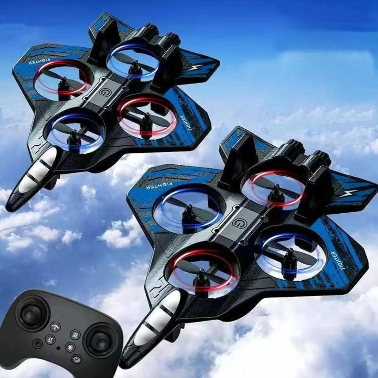 A black sci-fi fighter jet-shaped quadcopter drone with colorful LED lights and the CNASING lettering Application Scenario