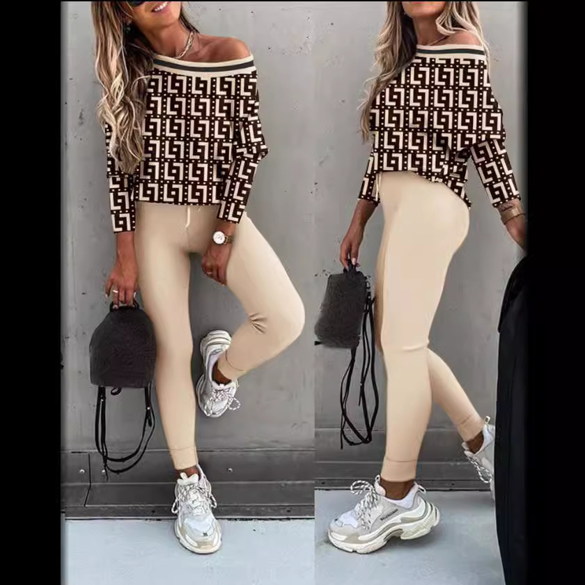 Cross-border best-selling European and American fashion women's long-sleeved and long-pants set, V-neck sexy off-the-shoulder sporty multi-color set Application Scenario
