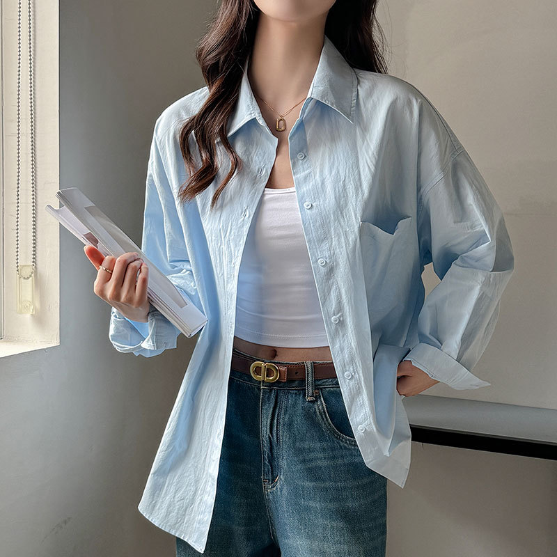 严选夏季新款蓝色韩系衬衫女宽松休闲慵懒风大码女装防晒外套上衣
