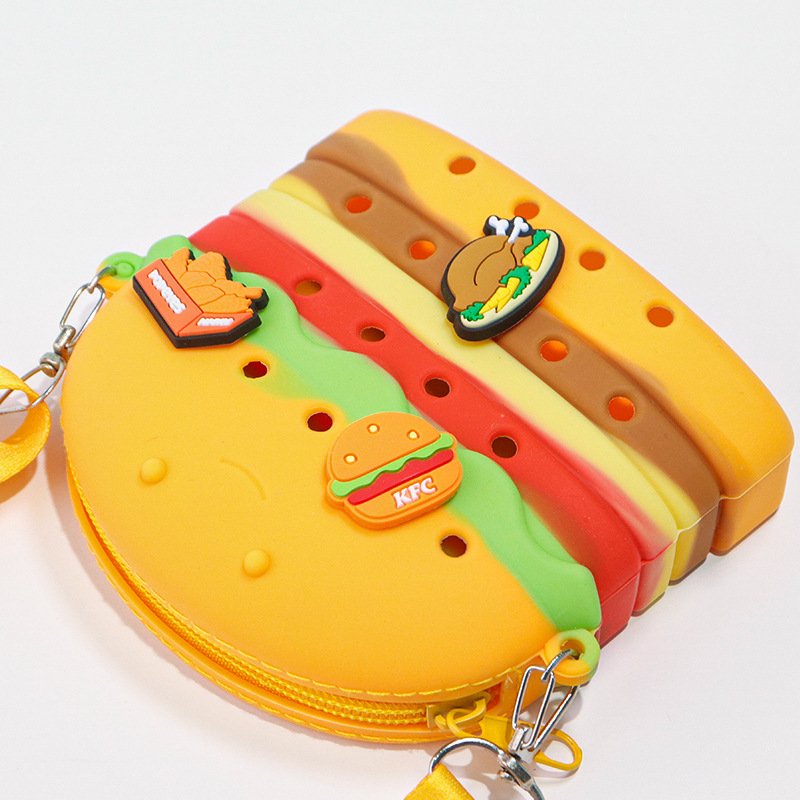 Personalized simulation food DIY silicone hole bags, cute French fries and hamburgers crossbody bags, cartoon children's bags wholesale details Picture