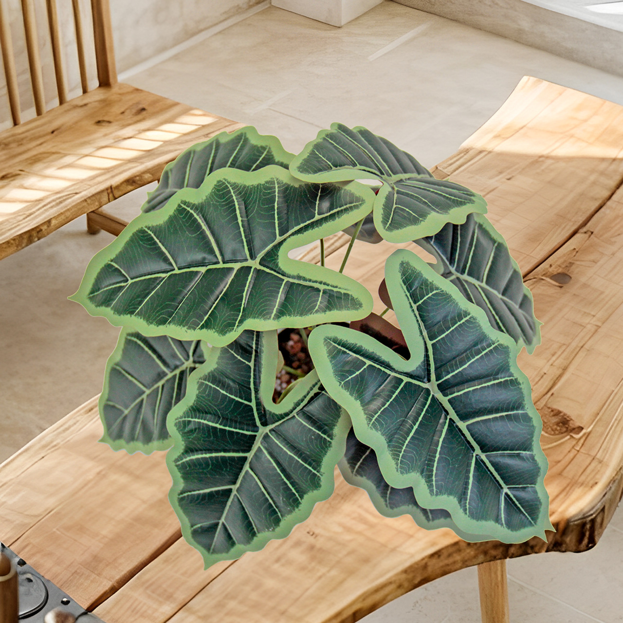 Artificial green plants, such as the lucky taro, are used for restaurant partition decoration, outdoor garden, grassland landscaping, and PVC plastic figures Specification image