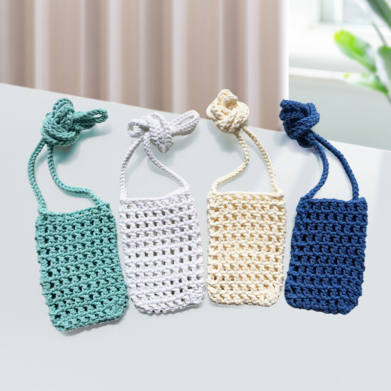 针织手机包 ins便携式流行手工编织棉绳斜挎包夏天百搭单肩网兜