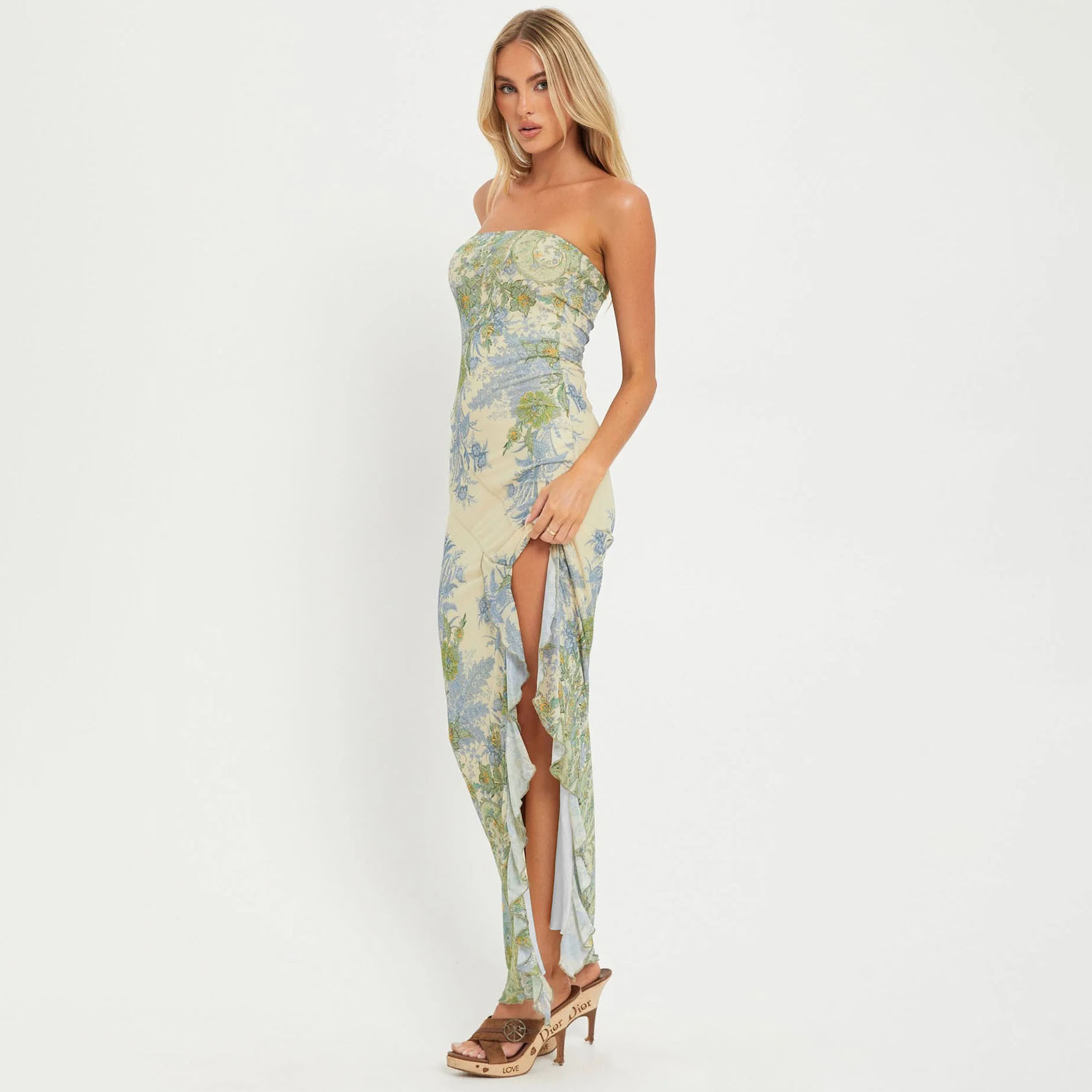 A new Amazon export dress with an elegant European and American style, featuring cross-border mesh printing and a slim strapless design Specification drawing