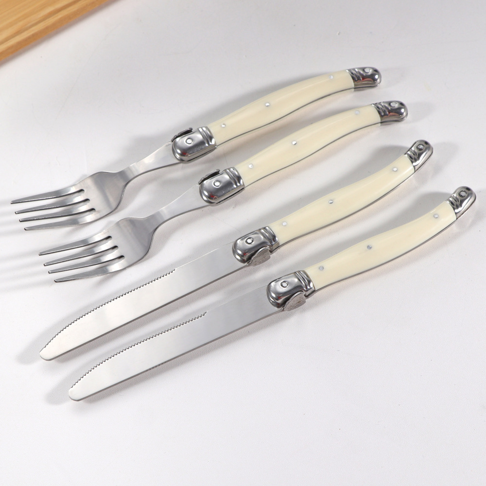 Stainless steel knife, fork and spoon set with milky white plastic handle, steak knife, steak fork and spoon, steak and Western tableware for home use details Picture