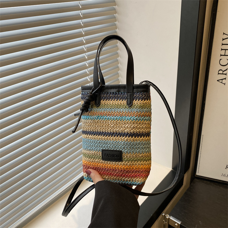 Cross-border straw weaving bag, color-blocking woven bag, women's summer new trendy and fashionable straw weaving mobile phone bag, Korean version niche and simple crossbody bag, handcrafted straw weaving bag
