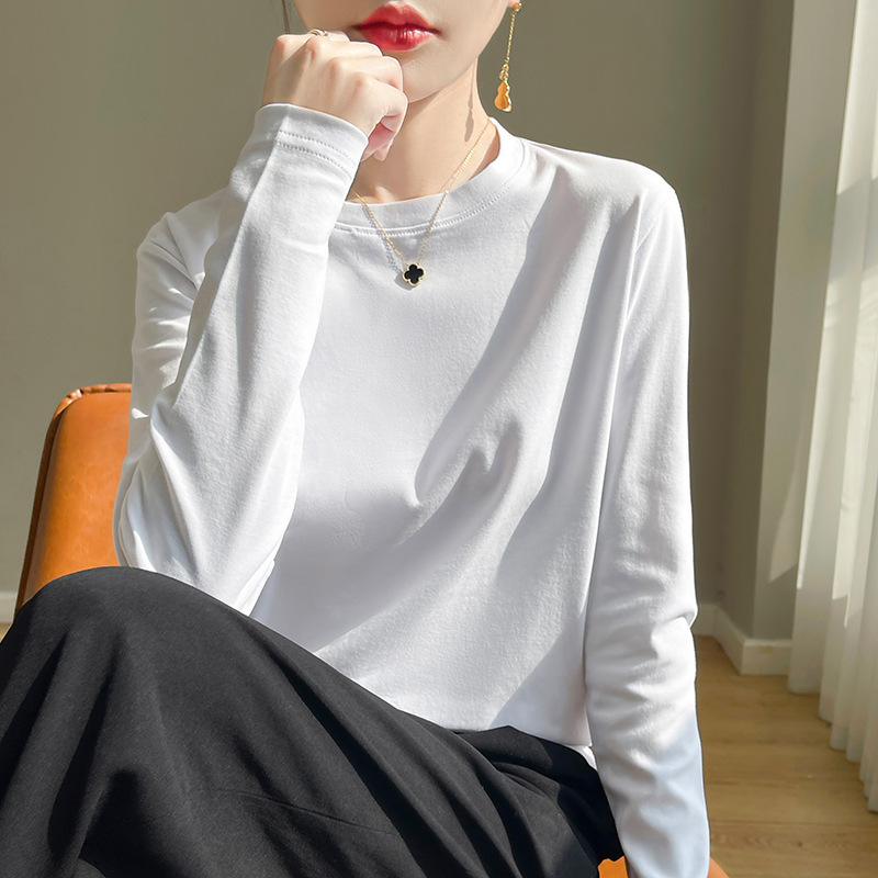Spring and summer mercerized cotton long-sleeved T-shirt, women's round-neck pullover, pure cotton base layer, loose, casual and versatile top Specification image