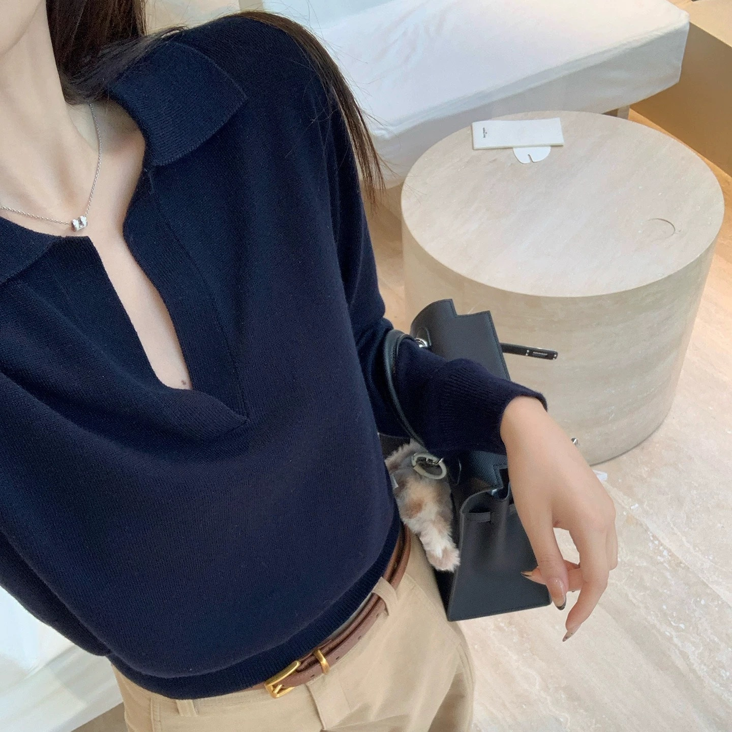 Lin12-高智淡人毛衣老钱风Polo领针织衫女慵懒休闲V领长袖上衣产品图