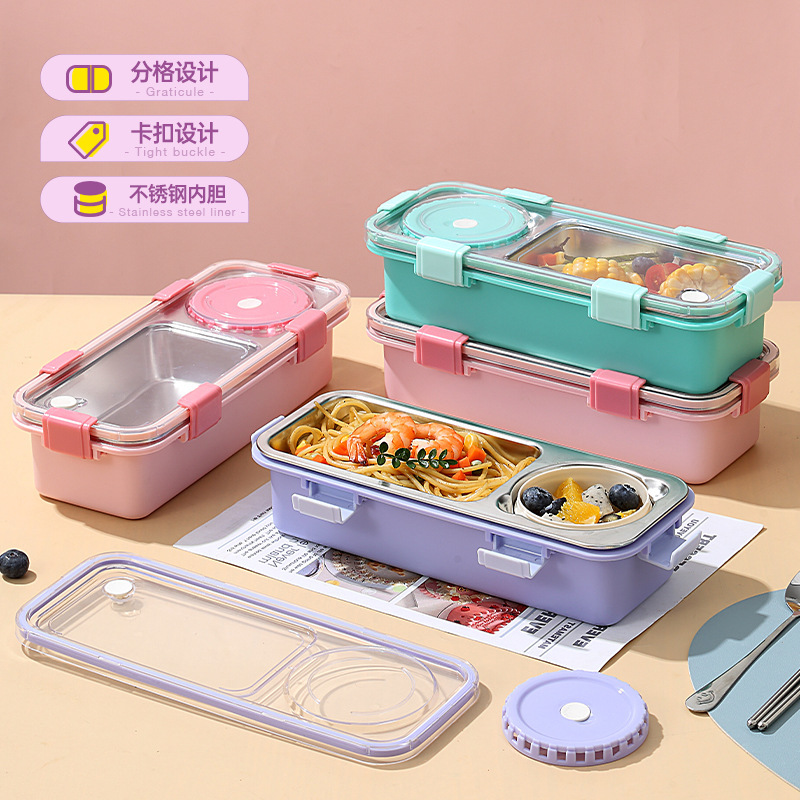 Sealed, buckled light food 304 stainless steel lunch box with two compartments, bowl and heating, portable lunch box for office workers