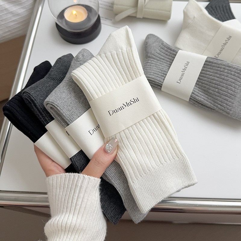 诸暨袜子女双针纯棉无骨堆堆袜秋冬季纯色运动吸汗防臭全棉中筒袜