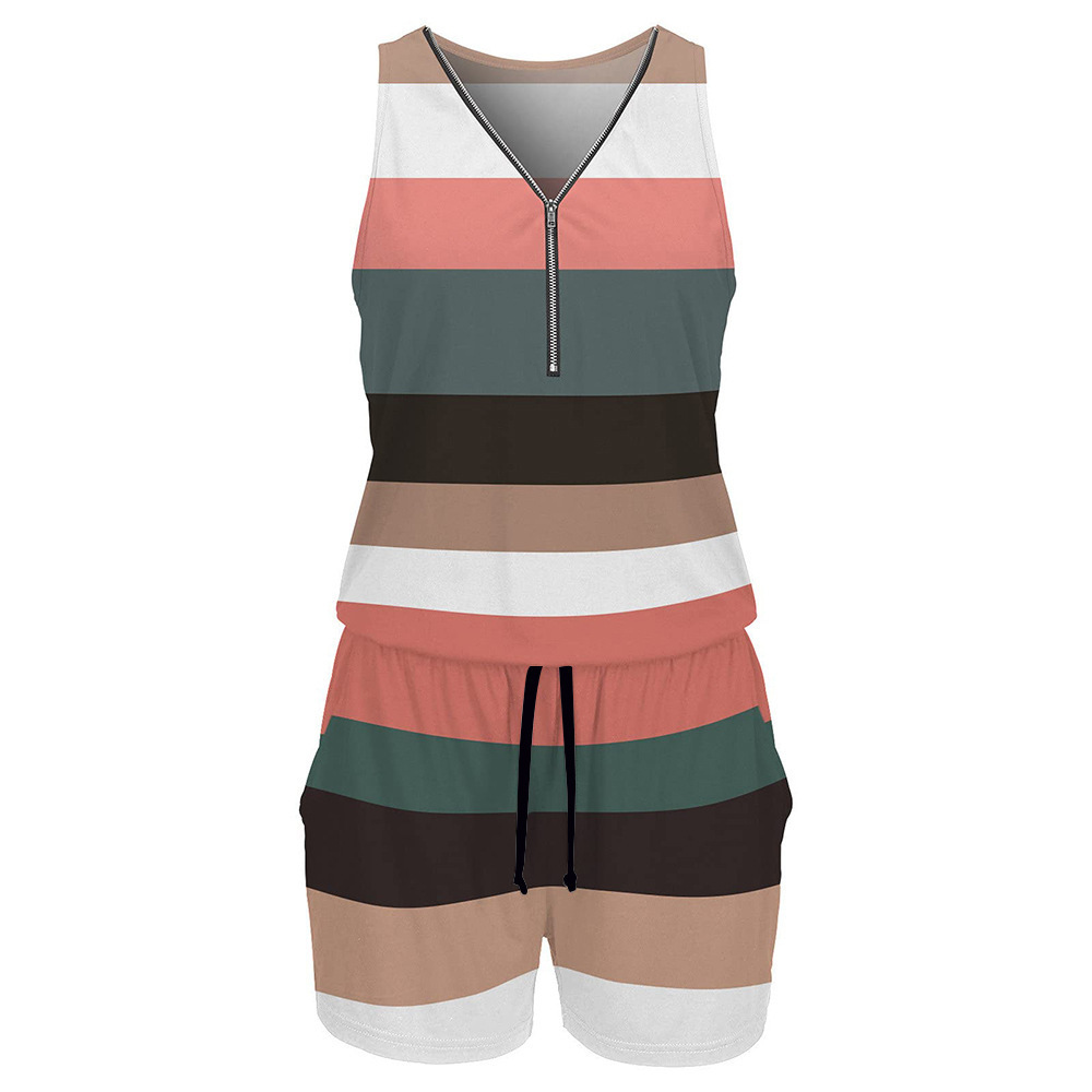 2023 New Amazon Independent Store cross-border women's V-neck zipper striped sleeveless one-piece drawstring shorts from Europe and America Application Scenario