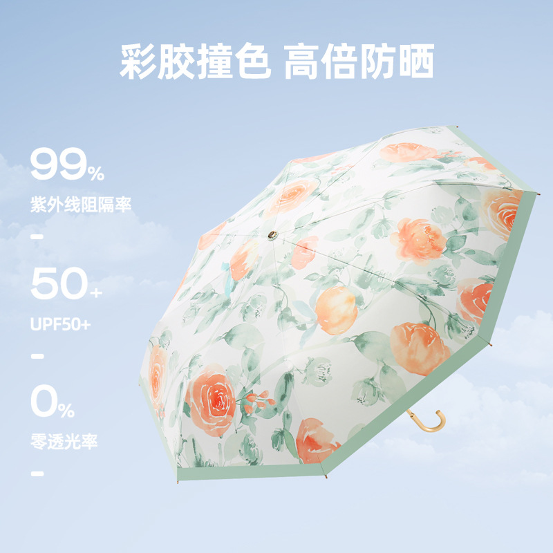 New curved handle plastic umbrella, all-weather, sun protection and UV-blocking folding umbrella, high-end lightweight sun umbrella for women details Picture