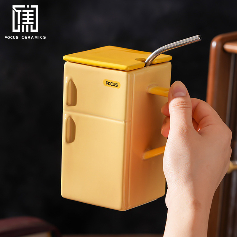 Creativo retro refrigerador con tapa pajita tazas de cerámica extravagante oficina pareja regalo taza de café Specification image